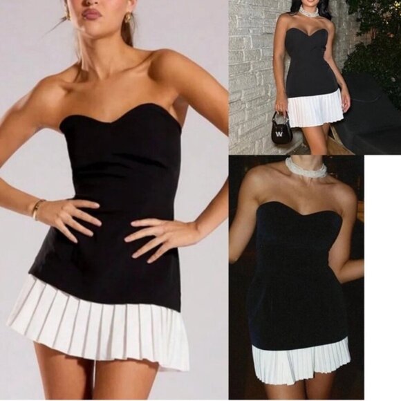 Dresses & Skirts - Black/white 🌟 Chic Black Strapless Mini Dress with Pleated Hem 🌟